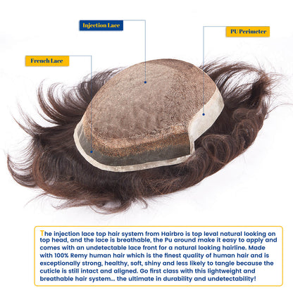 Injection Lace Top French Lace Front Poly Side and Back Hair Replacement System - HairBro