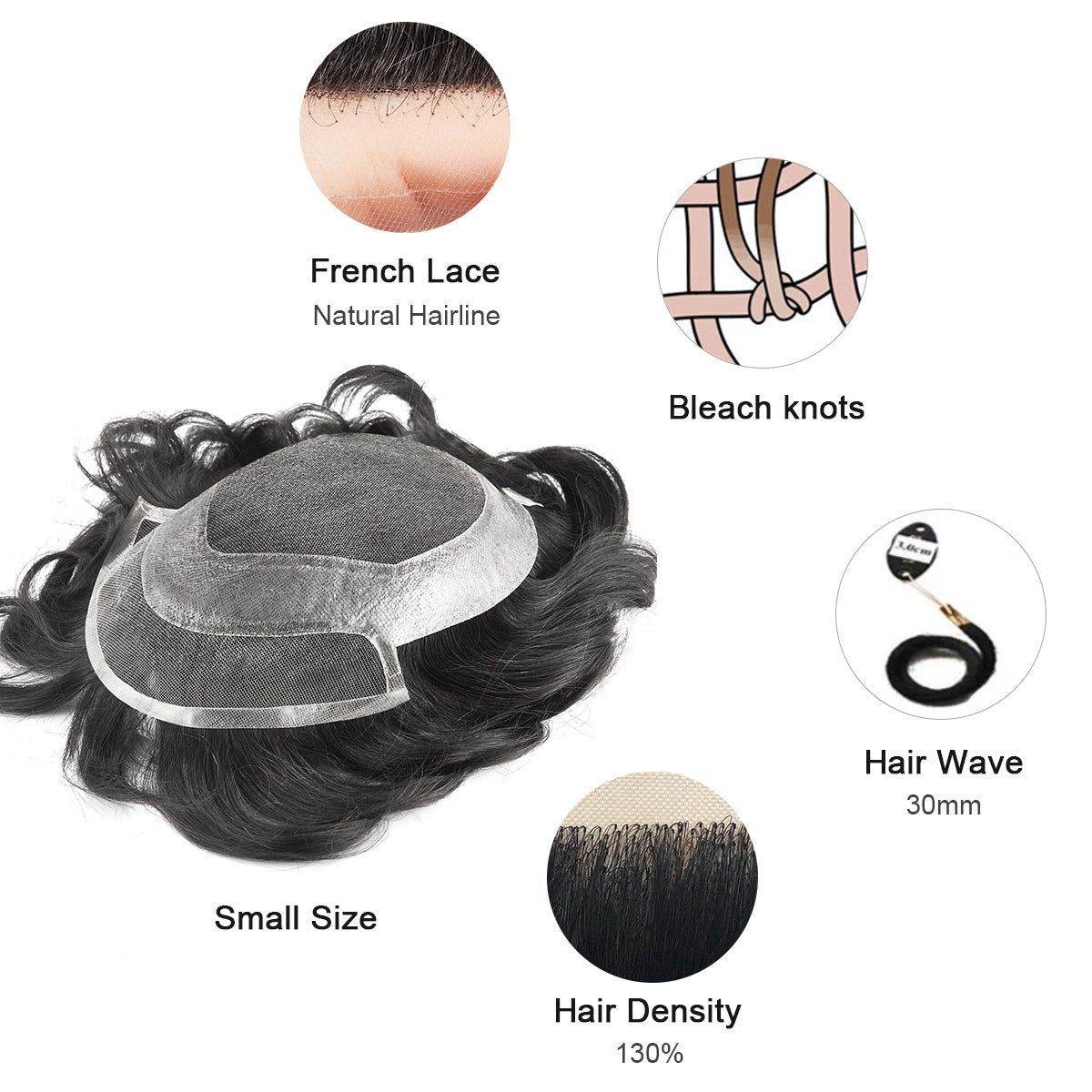 Small Size French Lace Center and Front Poly Around Stock Hair Replacement System For Men - HairBro